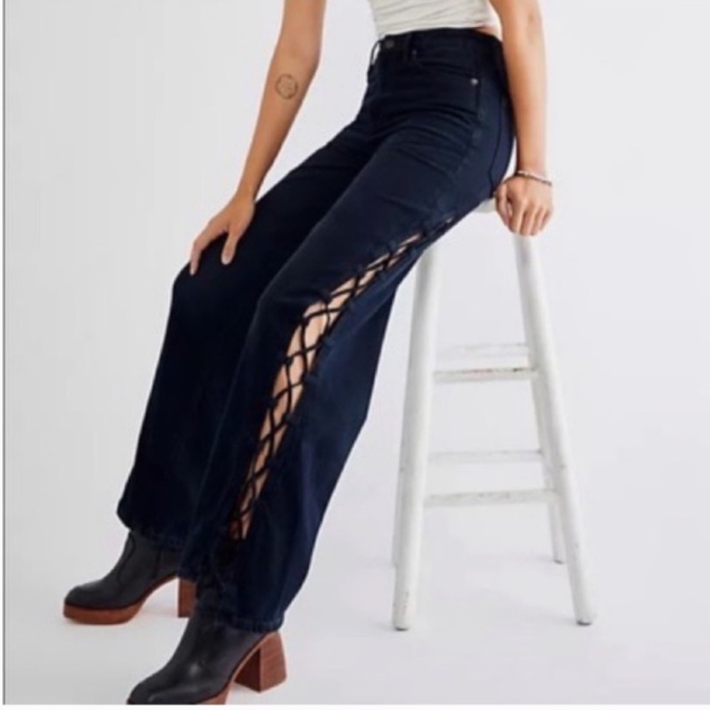 Free People Navy Side-Lace Wide Leg Jeans